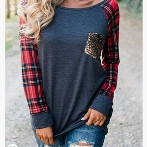 Lumberack Chic Gray Top w/Plaid Long Sleeves and Golden Sequined Pocket Size XL